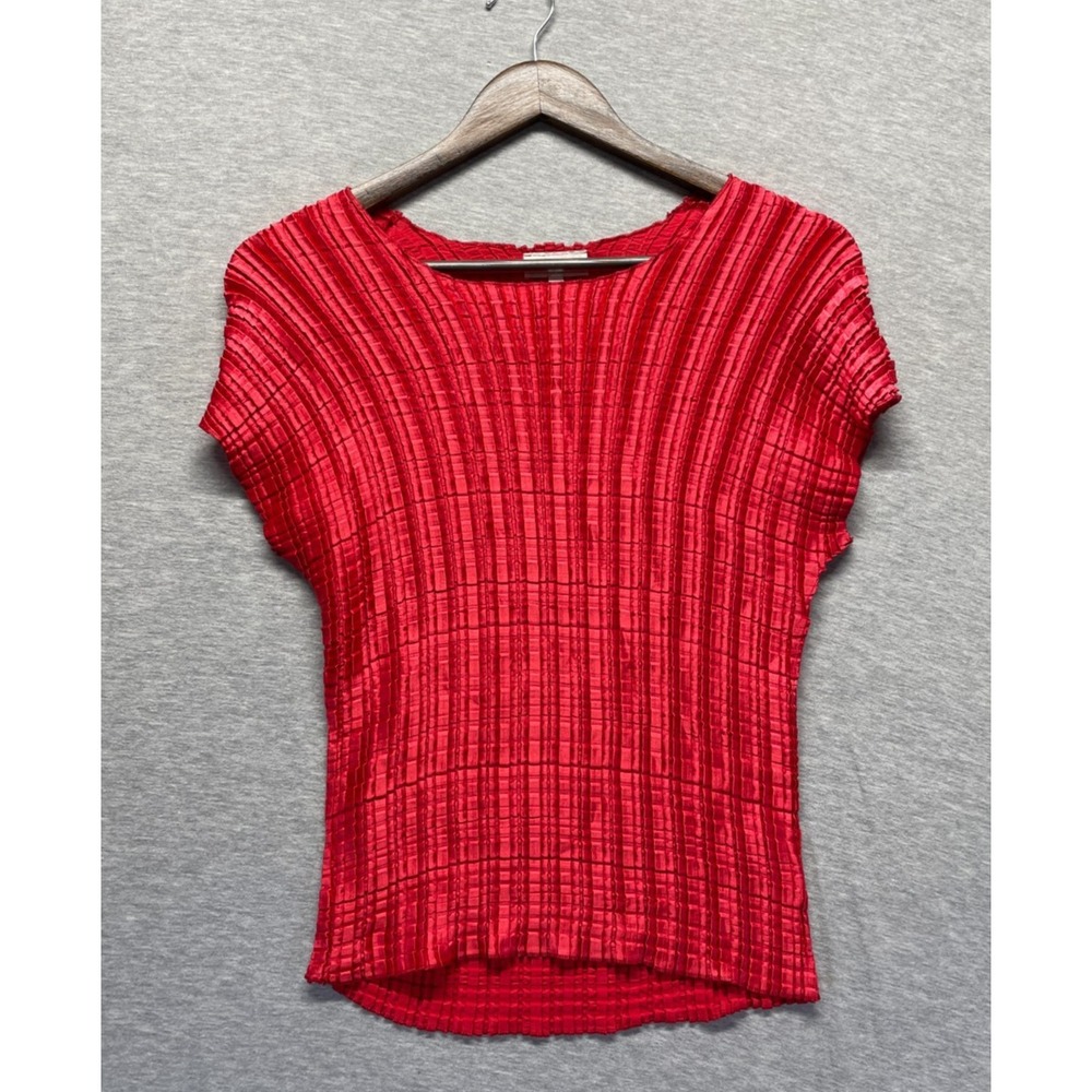 Ninety Blouse Top Womens Small Vibrant Red Crinkle Textured Boat Neck Pullover